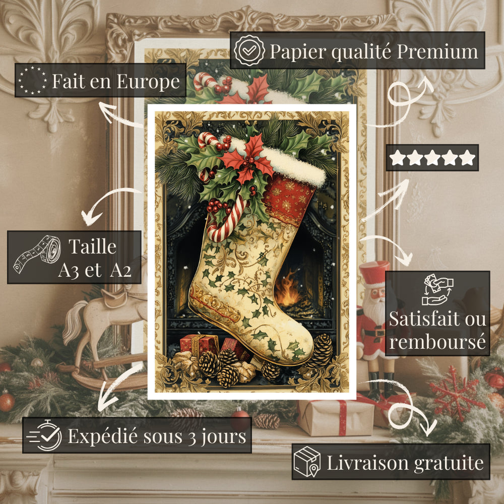 Affiches Art Nouveau - Collection Noël Vintage "Chaussette de Noël"