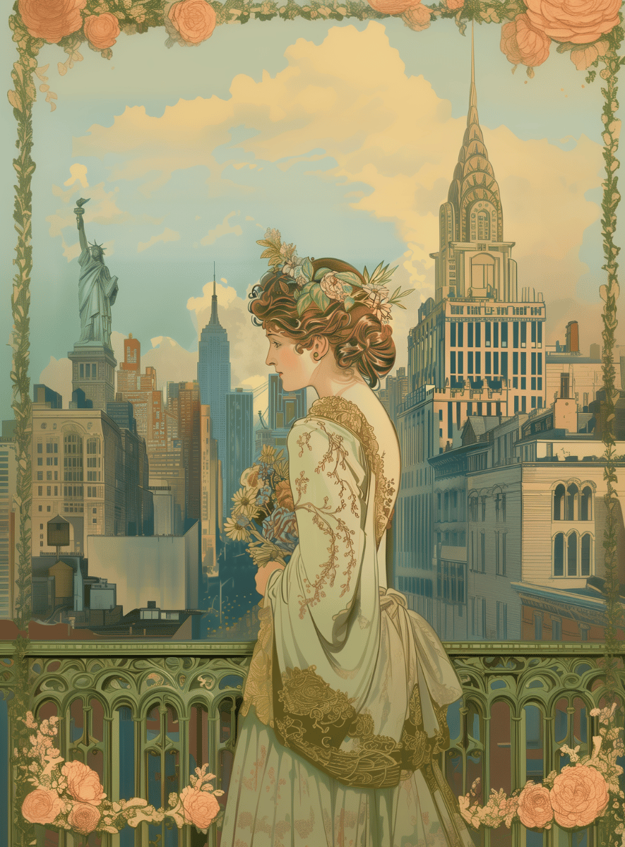 Affiche villes du monde Affiche de ville Art Nouveau représentant New York avec la Statue de la Liberté et l’Empire State Building, une femme en robe florale vintage surplombant la ville.-2