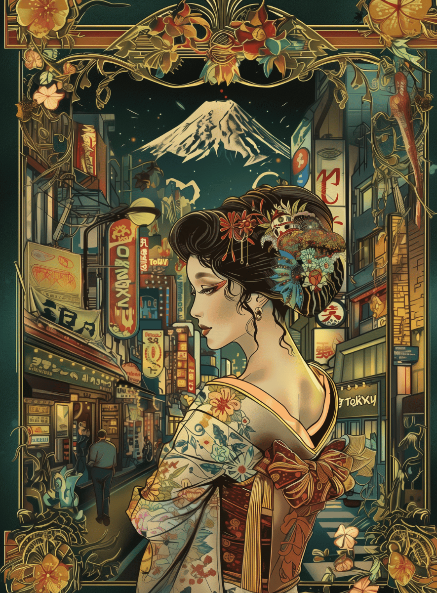 Affiche villes du monde Affiche de ville Art Nouveau représentant Tokyo avec une femme en kimono traditionnel devant le mont Fuji, inspirée des affiches vintages et de la modernité japonaise.