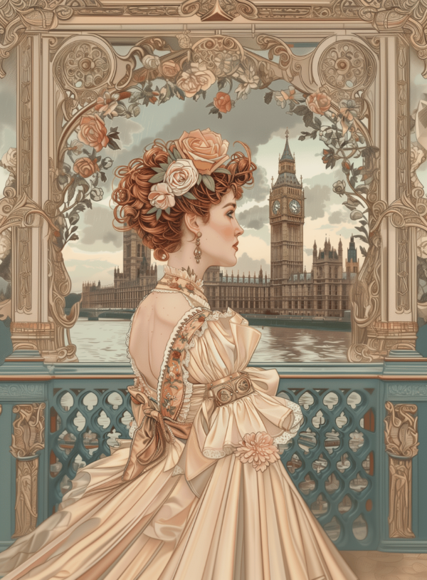 Affiche villes du monde Art Nouveau de Londres avec une femme en robe victorienne devant Big Ben, poster vintage inspiré des grandes villes du monde.