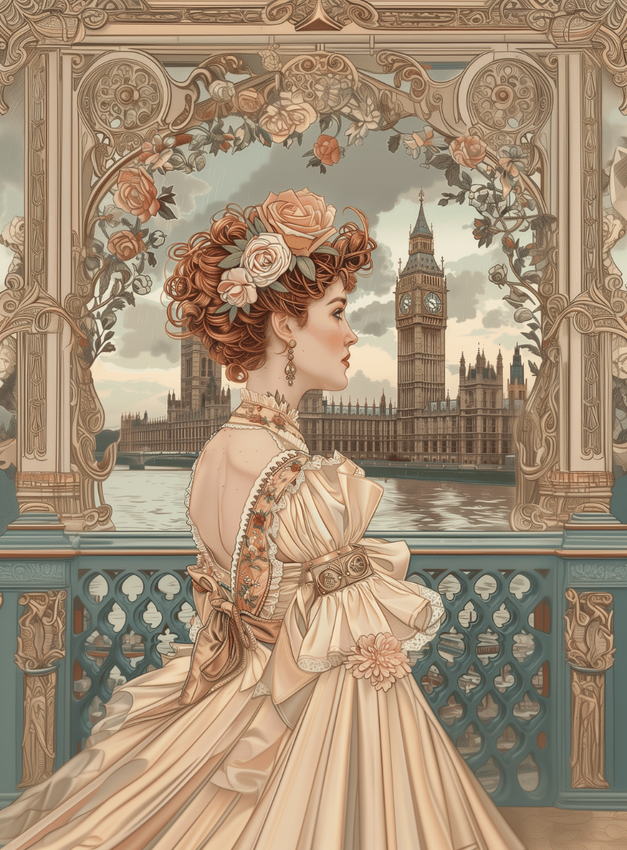 Affiche villes du monde Art Nouveau de Londres avec une femme en robe victorienne devant Big Ben, poster vintage inspiré des grandes villes du monde.