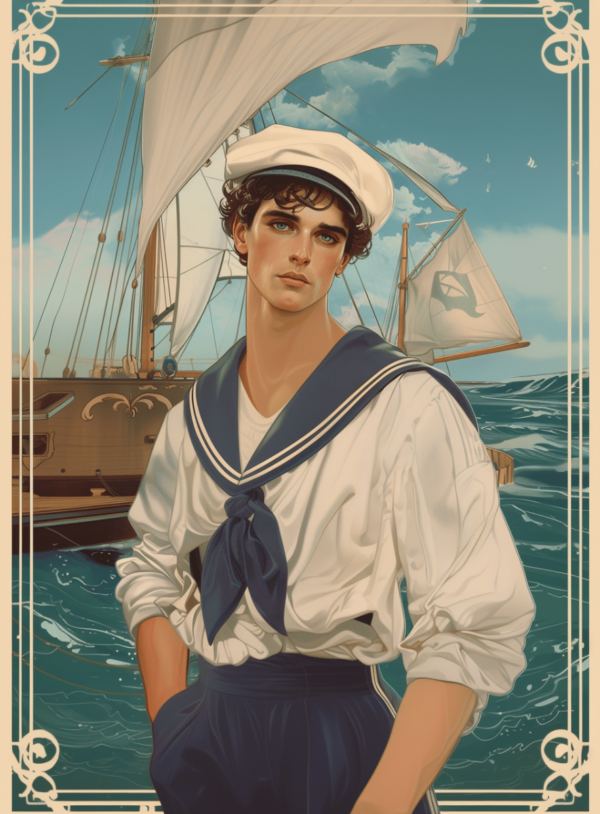 Affiche métiers - Affiche rétro Art Nouveau représentant un marin en uniforme devant un voilier, inspirée des anciennes affiches célébrant les métiers de la mer.-