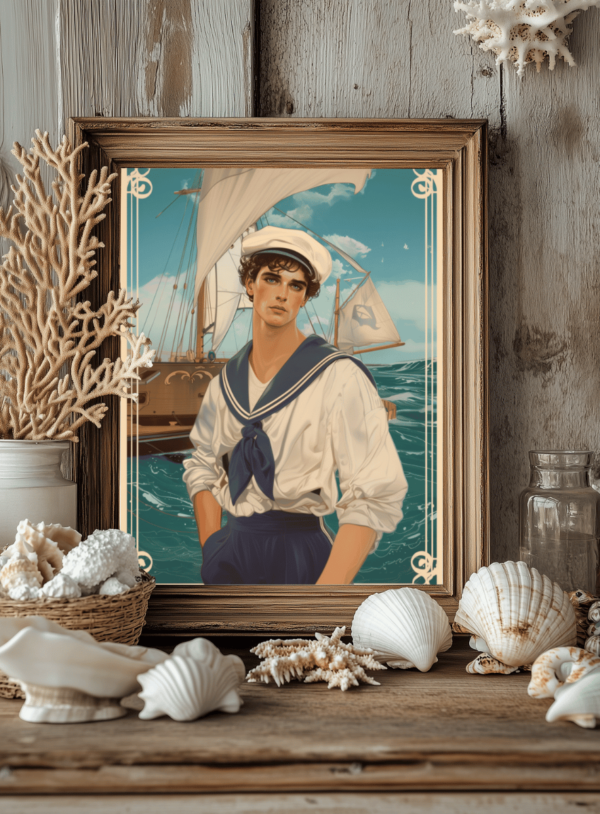 Affiche métiers - Affiche rétro Art Nouveau représentant un marin en uniforme devant un voilier, inspirée des anciennes affiches célébrant les métiers de la mer.