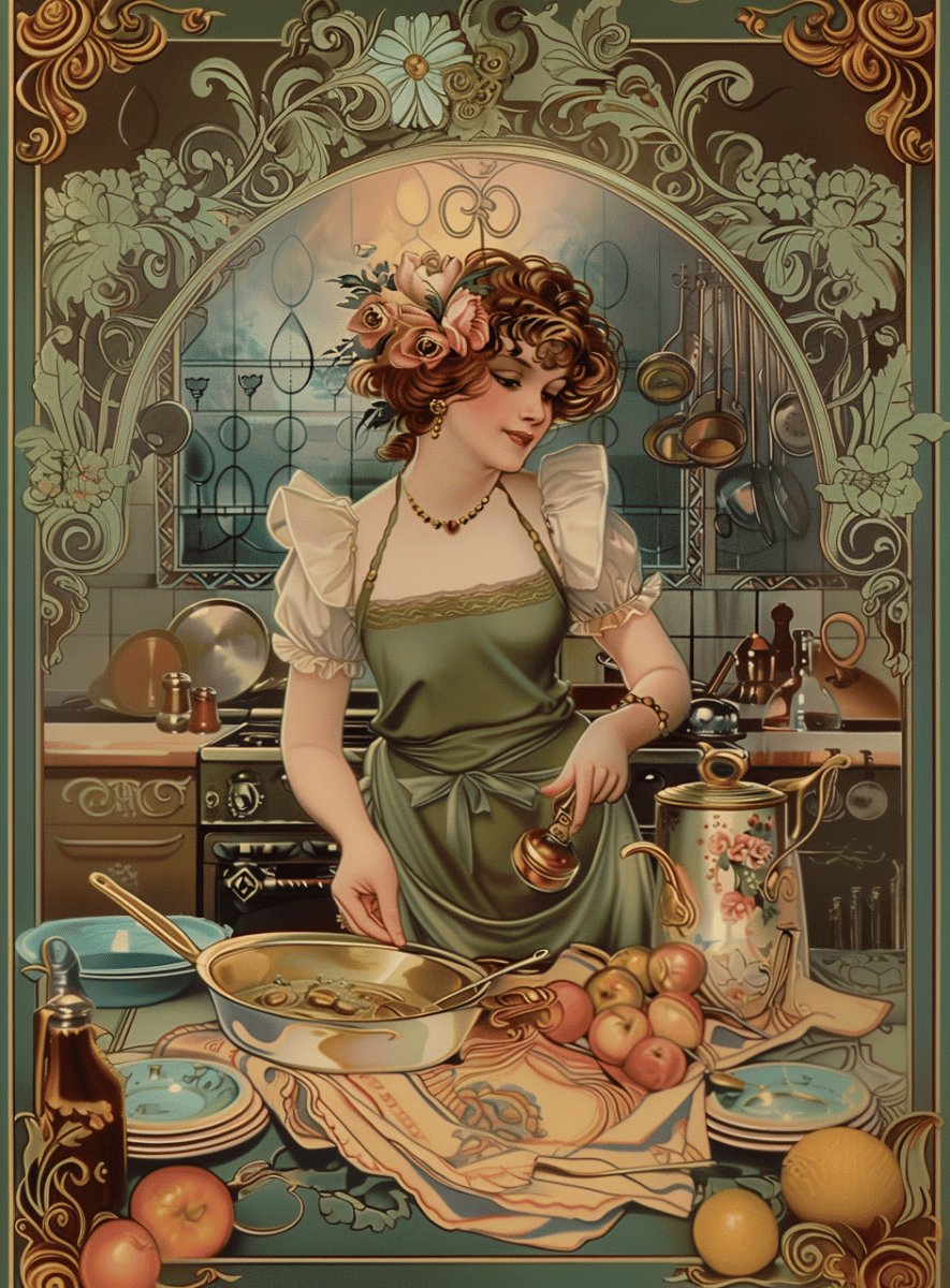 Affiche métiers - Affiche rétro Art Nouveau représentant une cuisinière élégante en pleine préparation, entourée d’ustensiles anciens et de fruits frais, inspirée des anciennes affiches célébrant