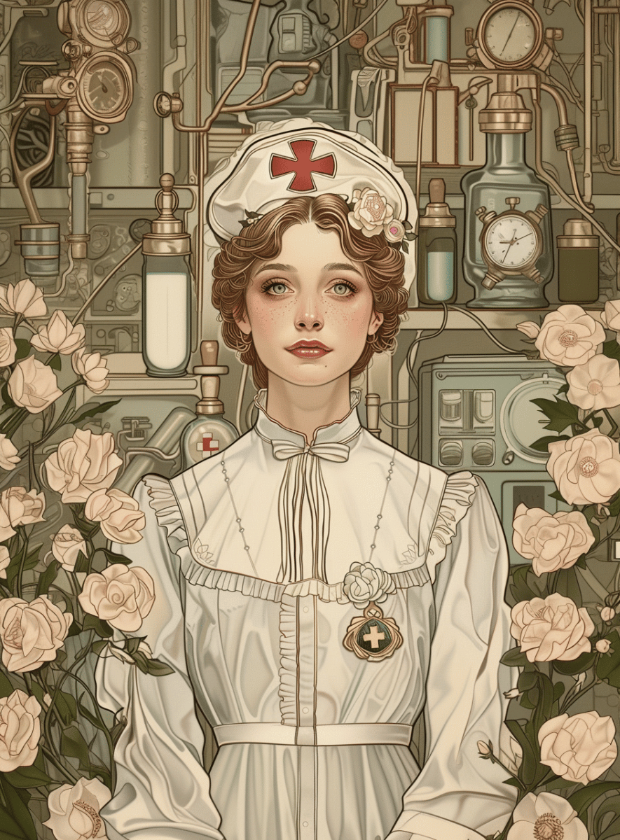 Affiche métiers - Affiche rétro Art Nouveau représentant une infirmière entourée de roses et d’instruments médicaux vintage, inspirée des anciennes affiches célébrant les métiers.