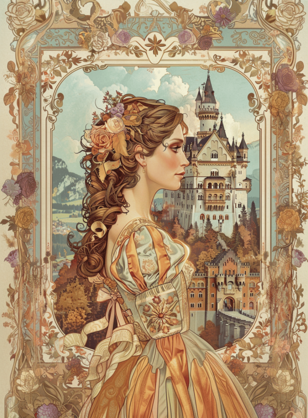 Affiche villes du monde Affiche de ville Art Nouveau représentant le château de Neuschwanstein, poster vintage avec une femme en robe victorienne devant un paysage bavarois.