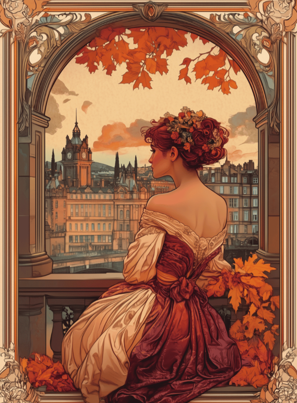 Affiche automne Art Nouveau avec une femme en robe victorienne contemplant les toits d’Édimbourg, posters vintage aux couleurs chaudes des images d’automne.