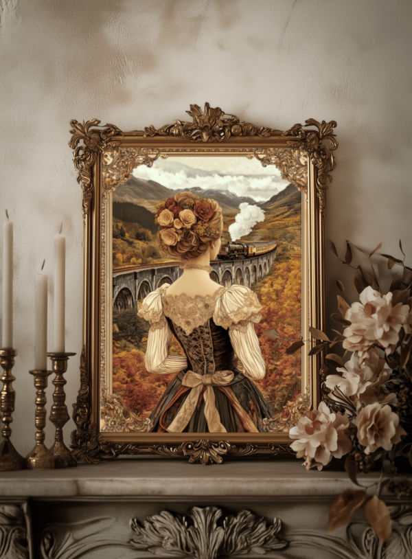 Affiche automne Art Nouveau avec une femme en robe victorienne contemplant un train à vapeur sur le viaduc de Glenfinnan, poster vintage aux couleurs chaleureuses des paysages d’automne