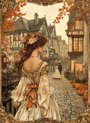 Affiche automne Art Nouveau avec une femme en robe victorienne dans un village pittoresque, entourée de maisons à colombages et de citrouilles, posters vintage illustrant la douceur de l’automne.