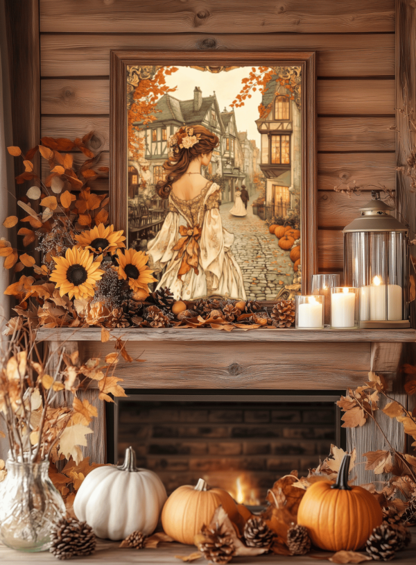 Affiche automne Art Nouveau avec une femme en robe victorienne dans un village pittoresque, entourée de maisons à colombages et de citrouilles, posters vintage illustrant la douceur de l’automne.