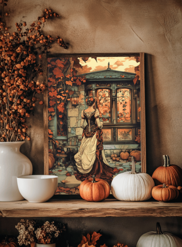 Affiche automne Art Nouveau avec une femme en robe victorienne devant une verrière illuminée, entourée de citrouilles et de feuilles d'automne, posters vintage évoquant la beauté de la saison.