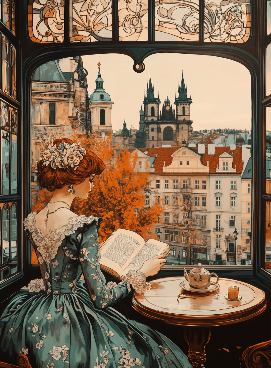 Affiche automne Art Nouveau avec une femme en robe victorienne lisant devant une vue sur Prague, posters vintage illustrant des images d'automne.