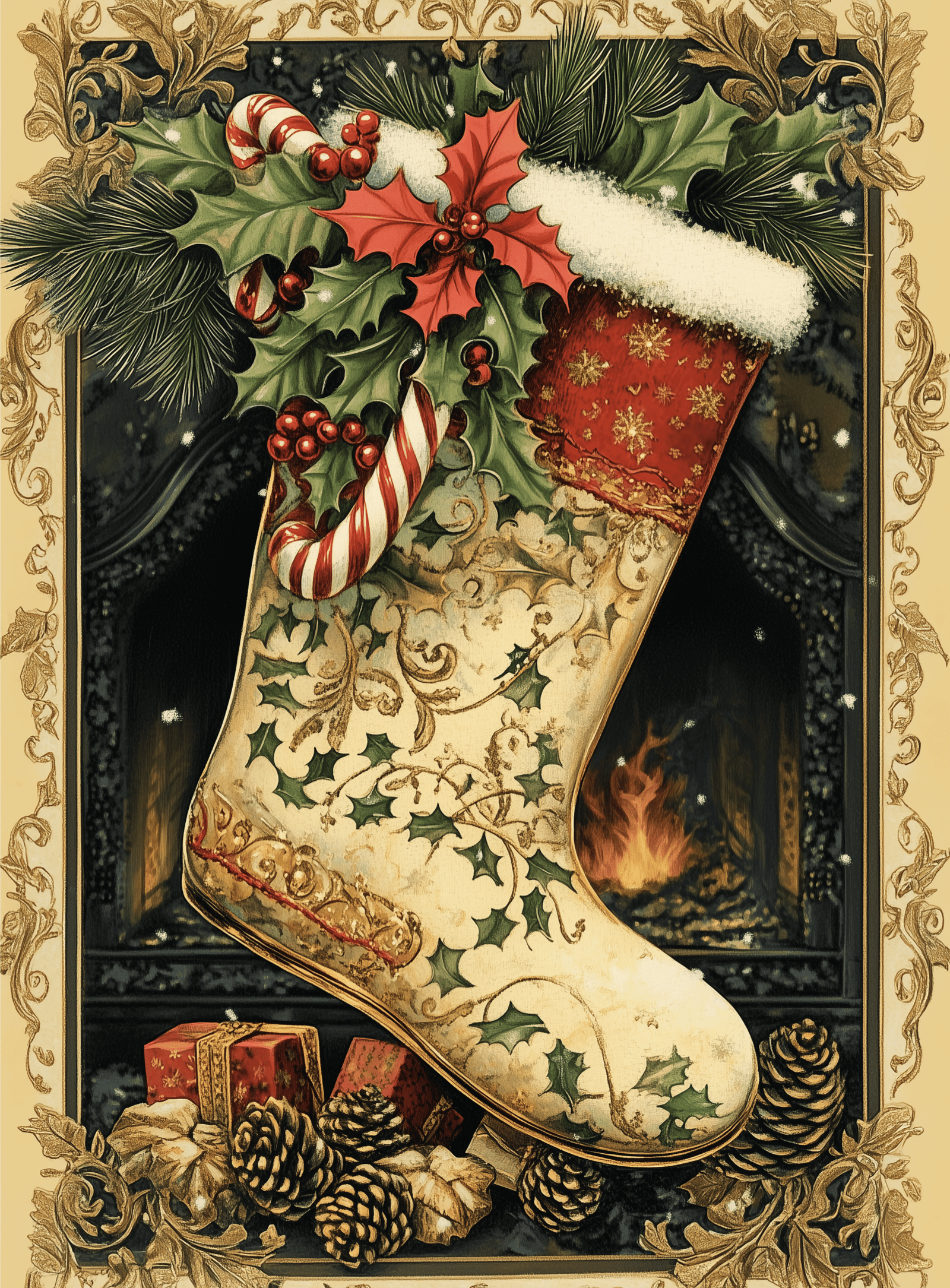 Affiche Marché de Noël - Chaussette Vintage au Coin du Feu Décoration Noël Traditionnel - Maison Alfons