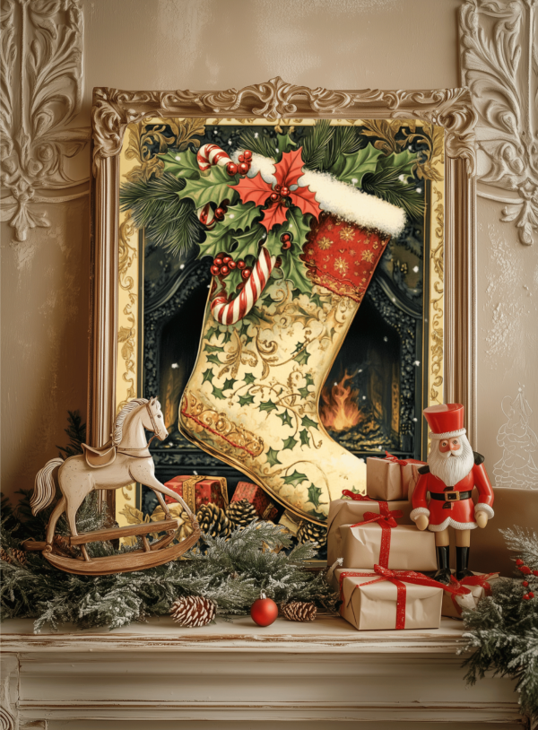 Affiche Marché de Noël - Chaussette Vintage au Coin du Feu Décoration Noël Traditionnel - Maison Alfons