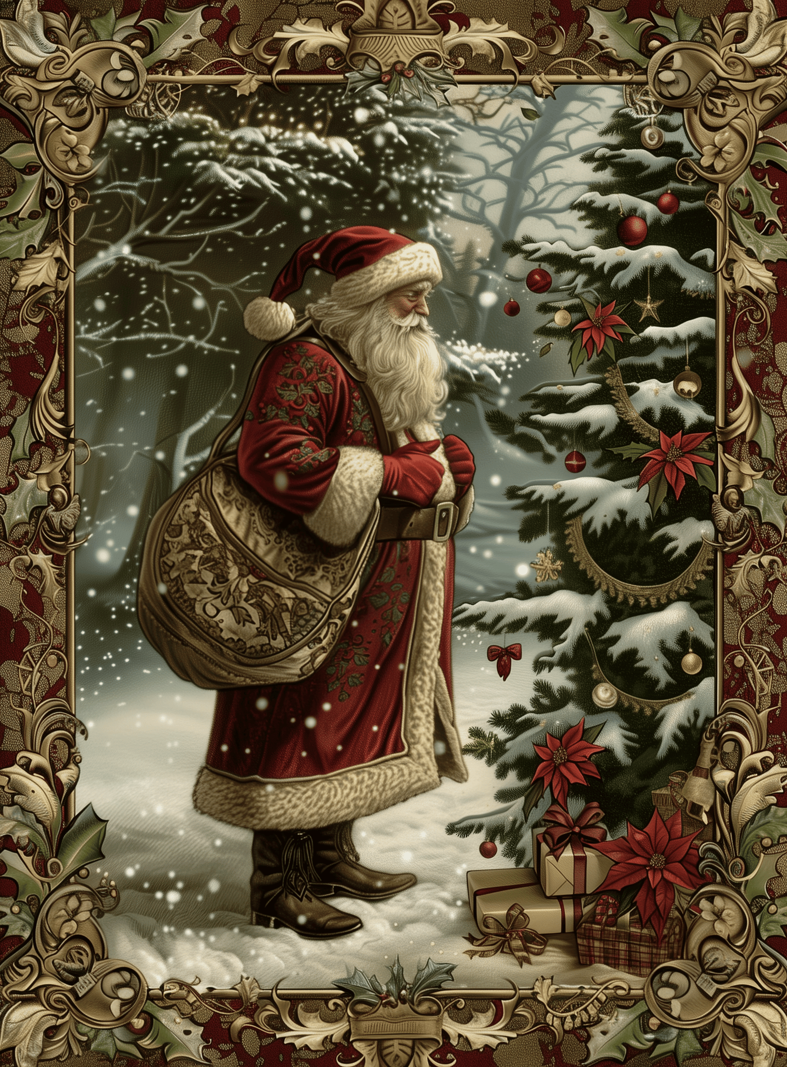 Affiche Noël Vintage - Père Noël et Sapin Enneigé Décoration Noël Traditionnelle Maison Alfons